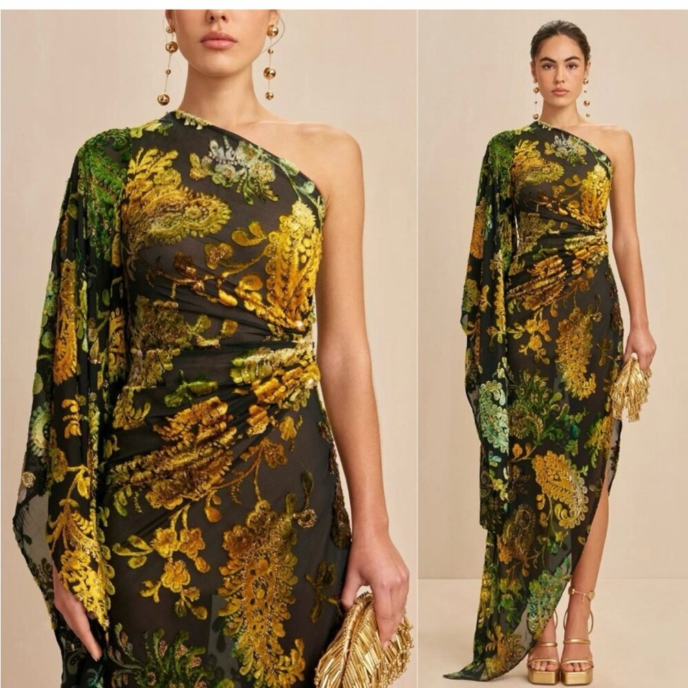 Cult Gaia ADIRA GOWN: Velvet Embroidery Elegant One-Shoulder Floral Dress